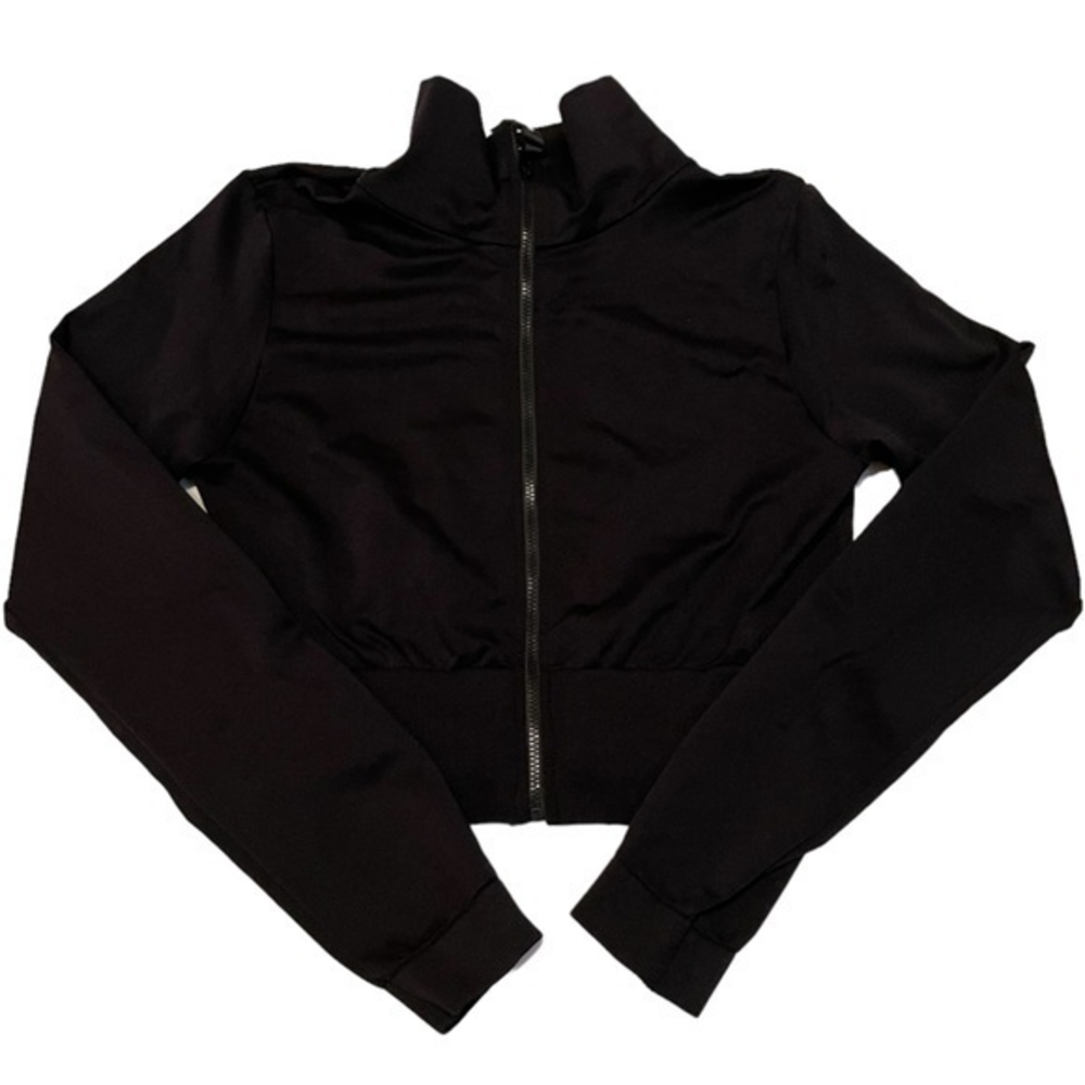 Seamless Black‎ Cropped Track Jacket Mock Neck Full Zip Athletic Top S/M